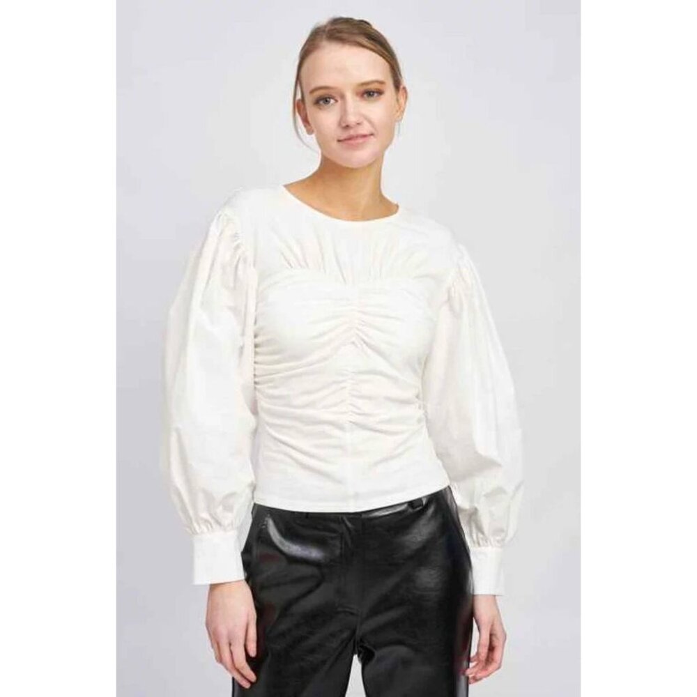 NEW En Saison Women’s Long Sleeve Della Blouse White with ribbed mock corset  L